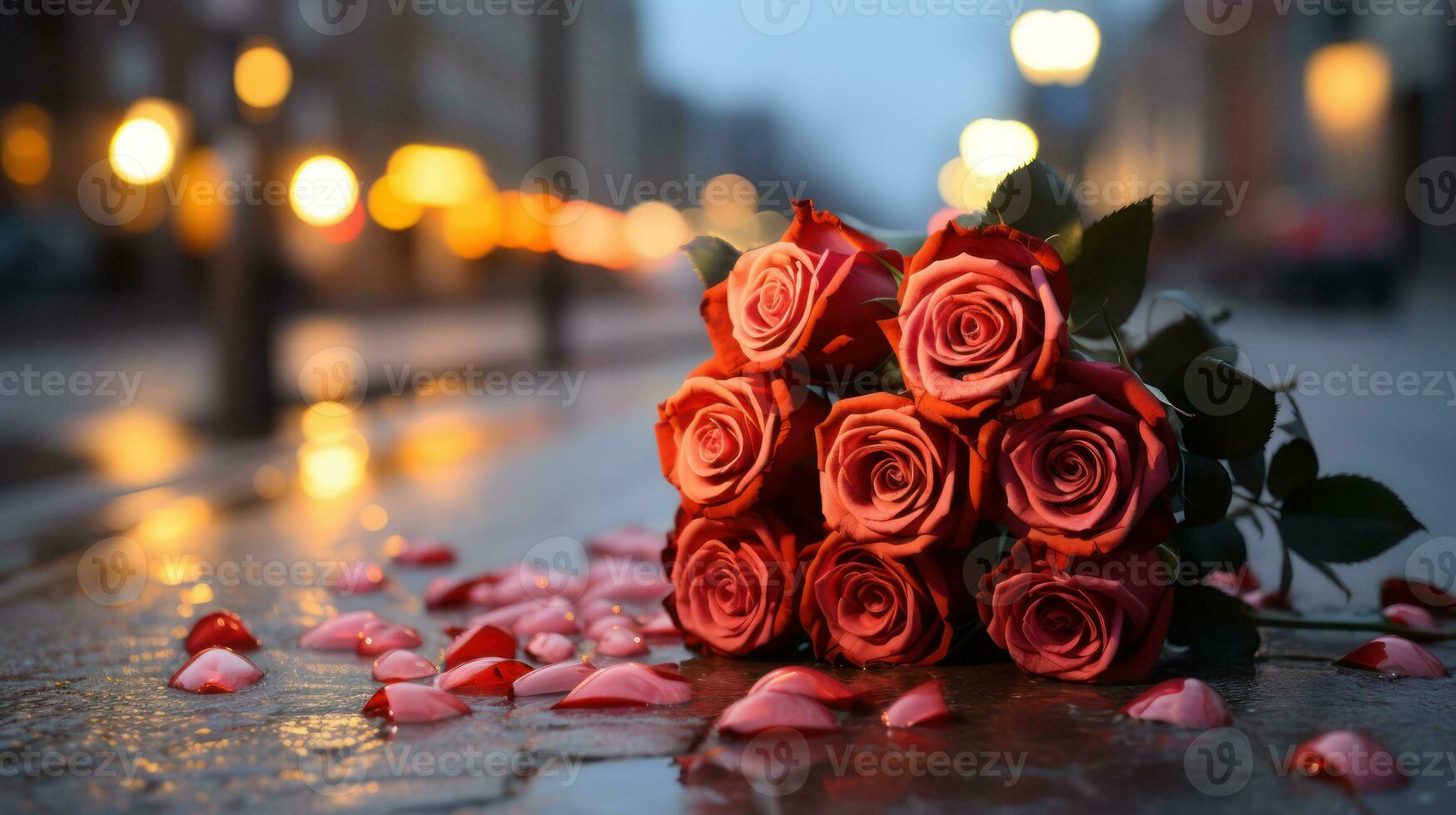 ai généré romantique soir dans le ville de lumières bouquet de des roses sur le rue photo