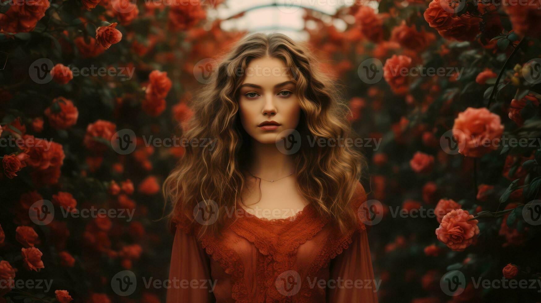 ai généré romantique femme avec des roses dans le jardin photo