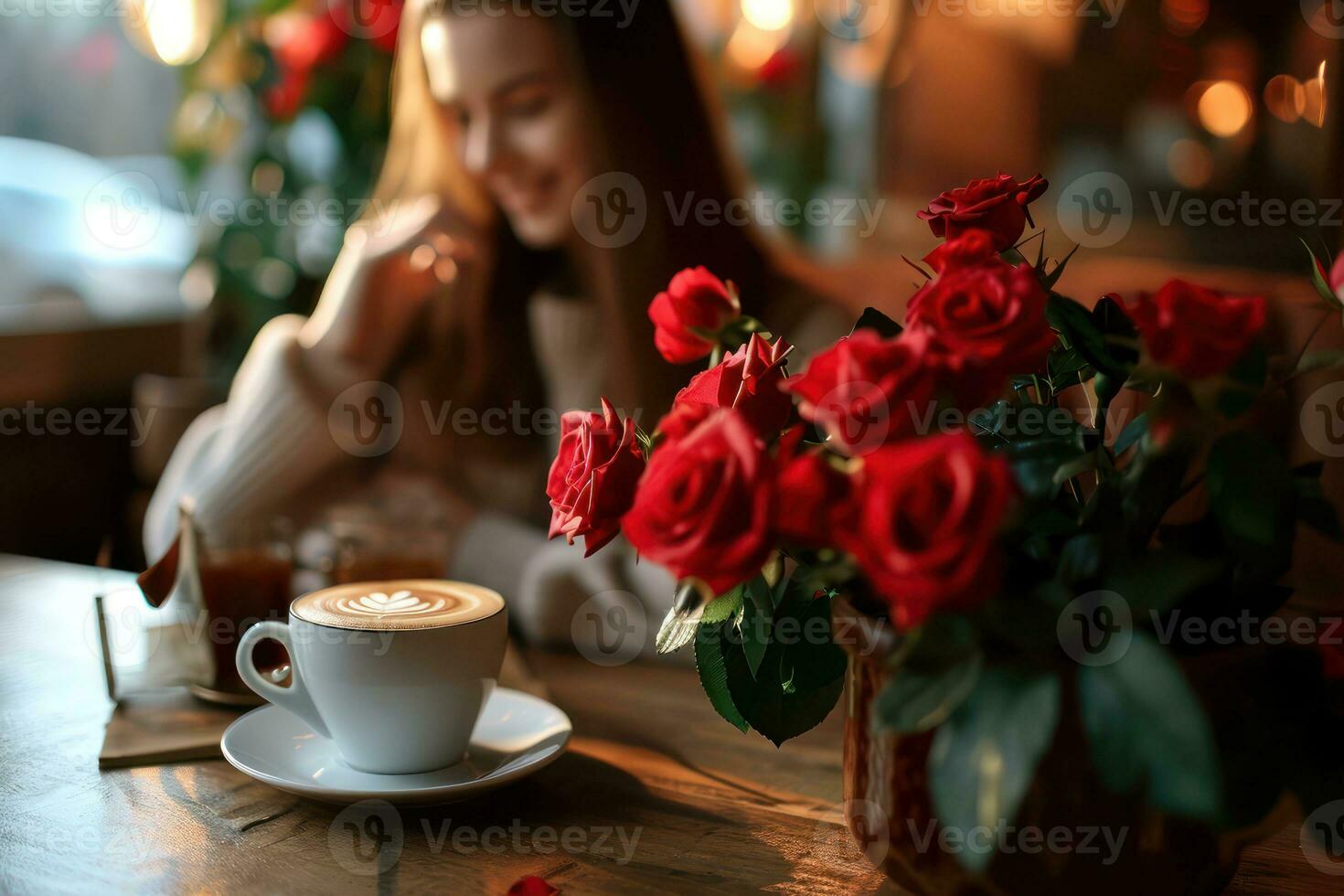 ai généré content Jeune femme dans rétro café magasin avec des roses photo