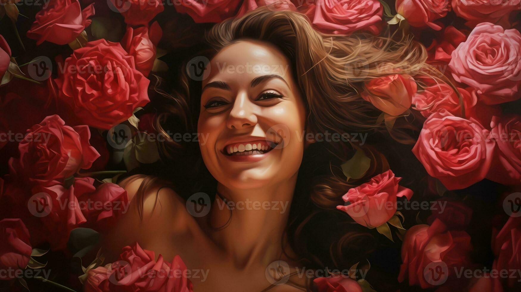ai généré content souriant femme avec des roses fermer beauté photo