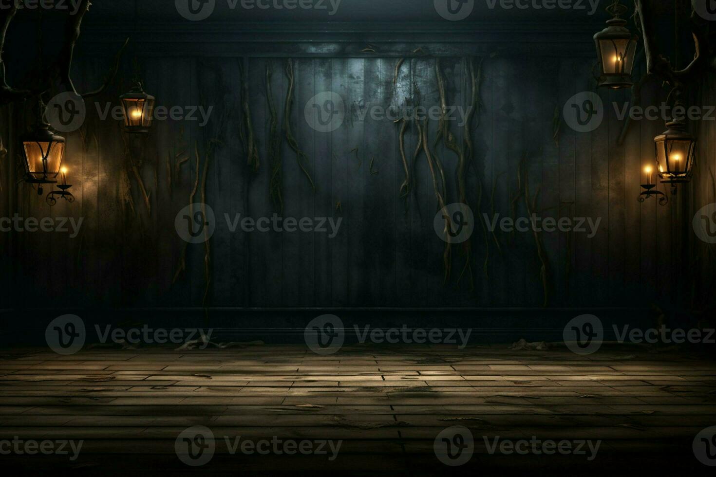ai généré sinistre Halloween ambiance foncé horreur Contexte avec vacant en bois planches ai généré photo
