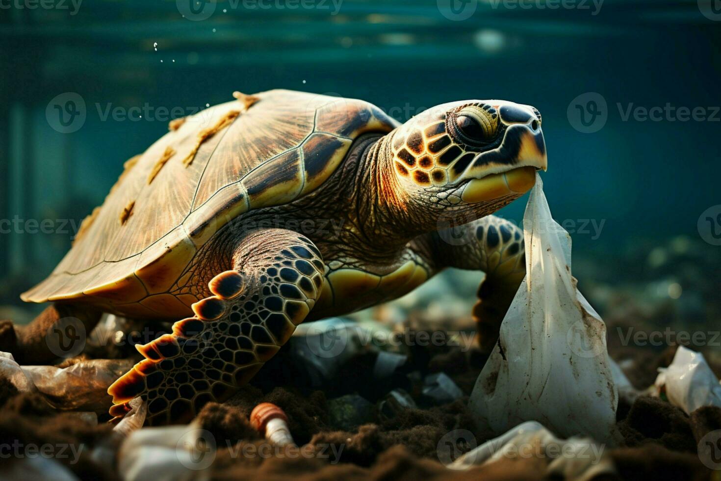 ai généré Marin péril Plastique la pollution met en danger mer tortues et océan environnements photo