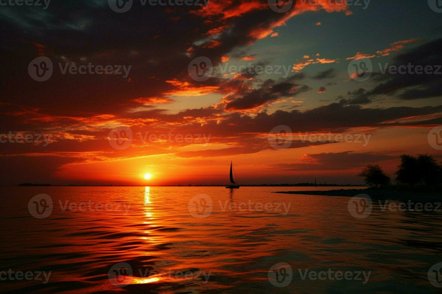 ai généré soir teintes une Stupéfiant le coucher du soleil moulage une chaud lueur sur le paysage ai généré photo