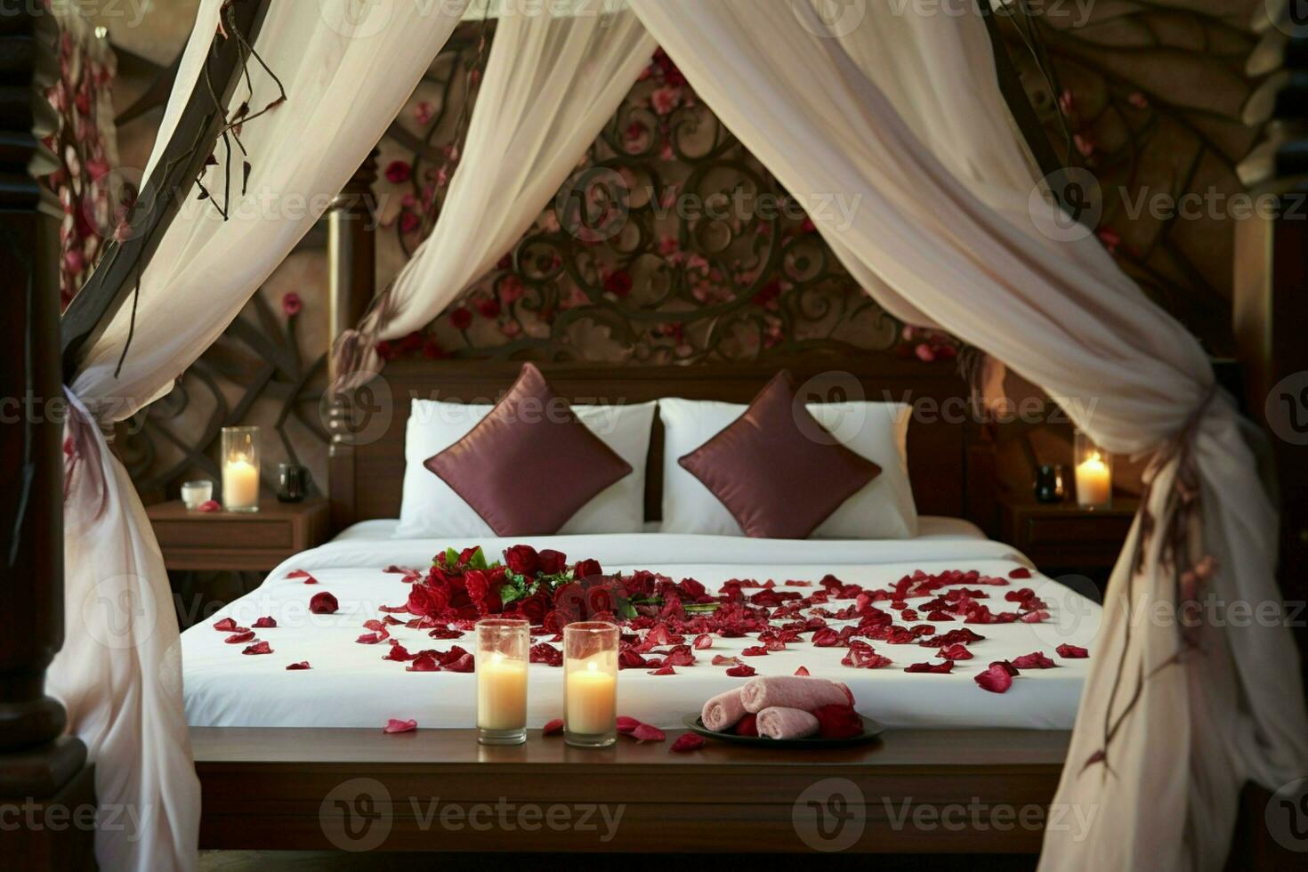 ai généré romantique ambiance Rose pétales épars sur une lit dans une Hôtel pièce ai généré photo