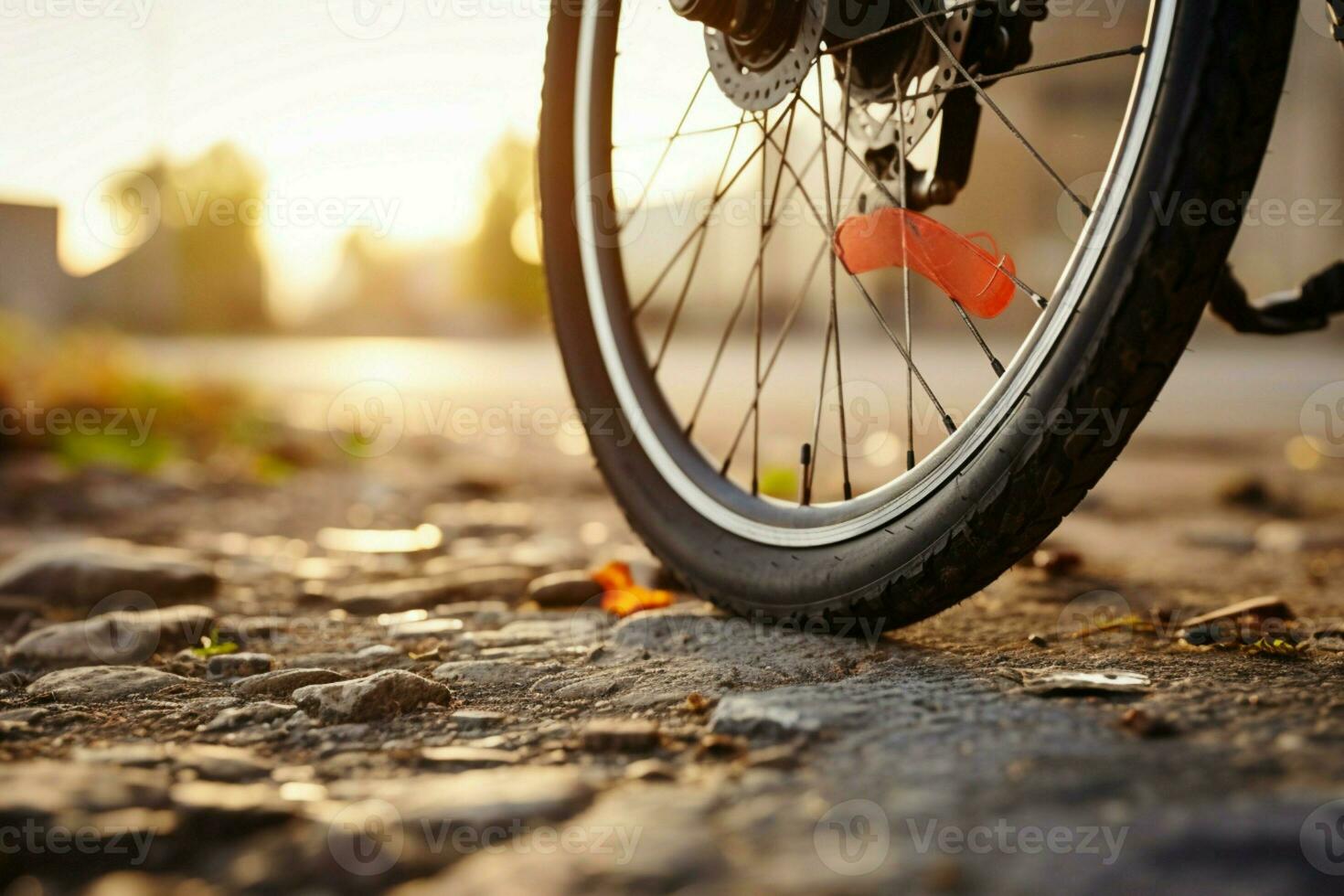 ai généré inconvénient sur le route proche en haut de une bicyclette plat pneu photo