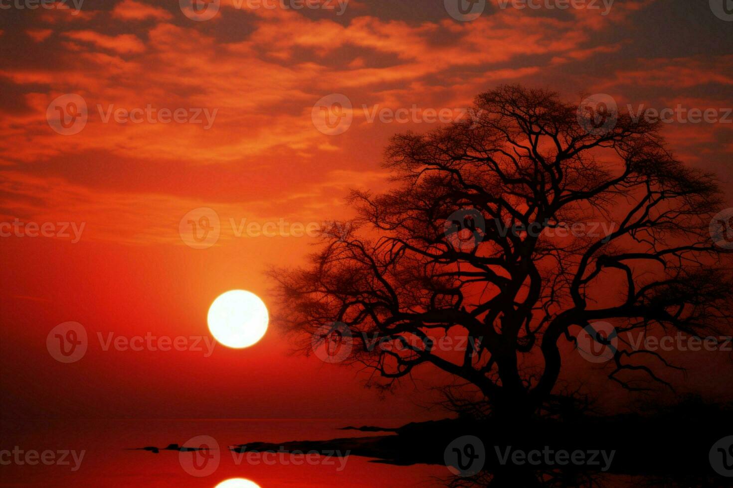 ai généré natures tranquillité rond Soleil sur rouge le coucher du soleil ciel avec silhouette arbre photo