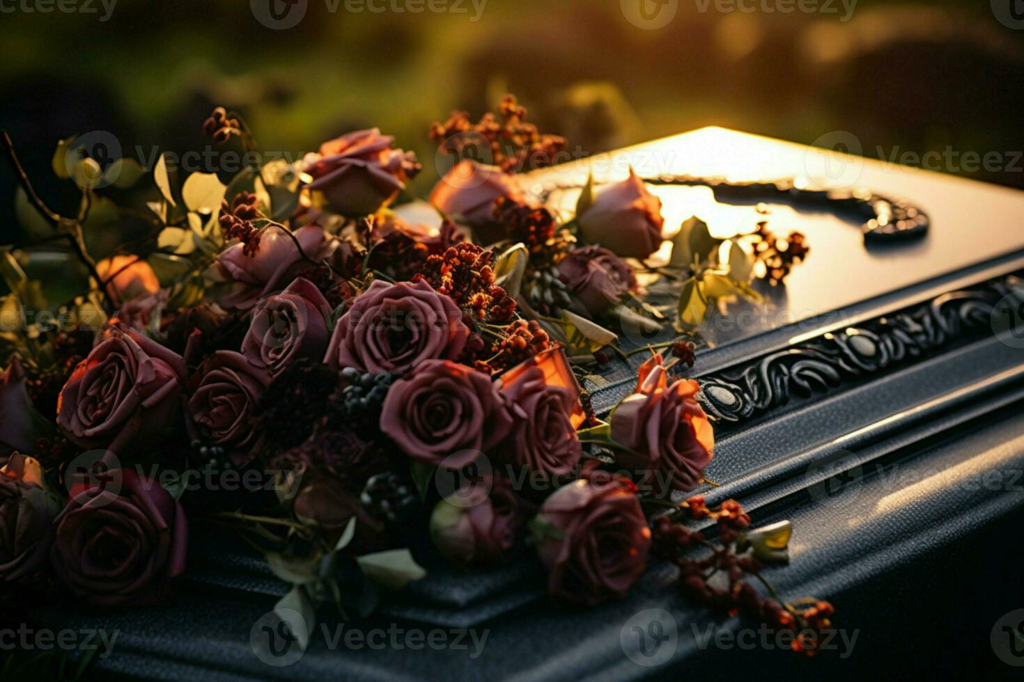 ai généré sombre moment funéraire fleurs présenté sur cercueil, symbolisant perte photo