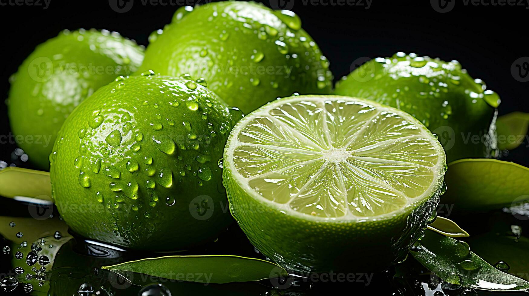 ai généré citron vert agrumes des fruits. proche en haut coup de humide citrons verts. établi avec génératif ai photo