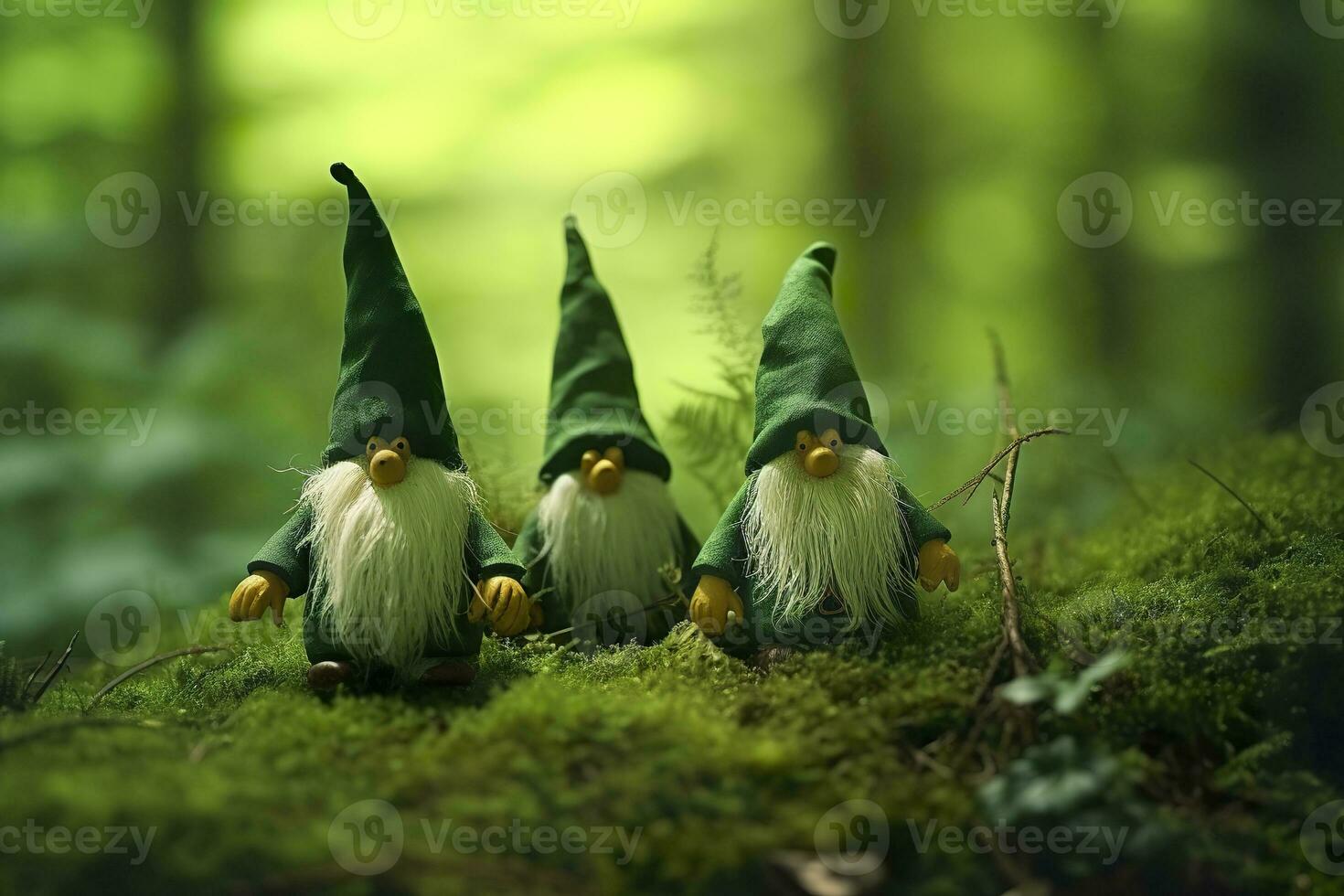 ai généré jouet irlandais gnomes dans une mystère forêt, abstrait vert Naturel Contexte. génératif ai photo