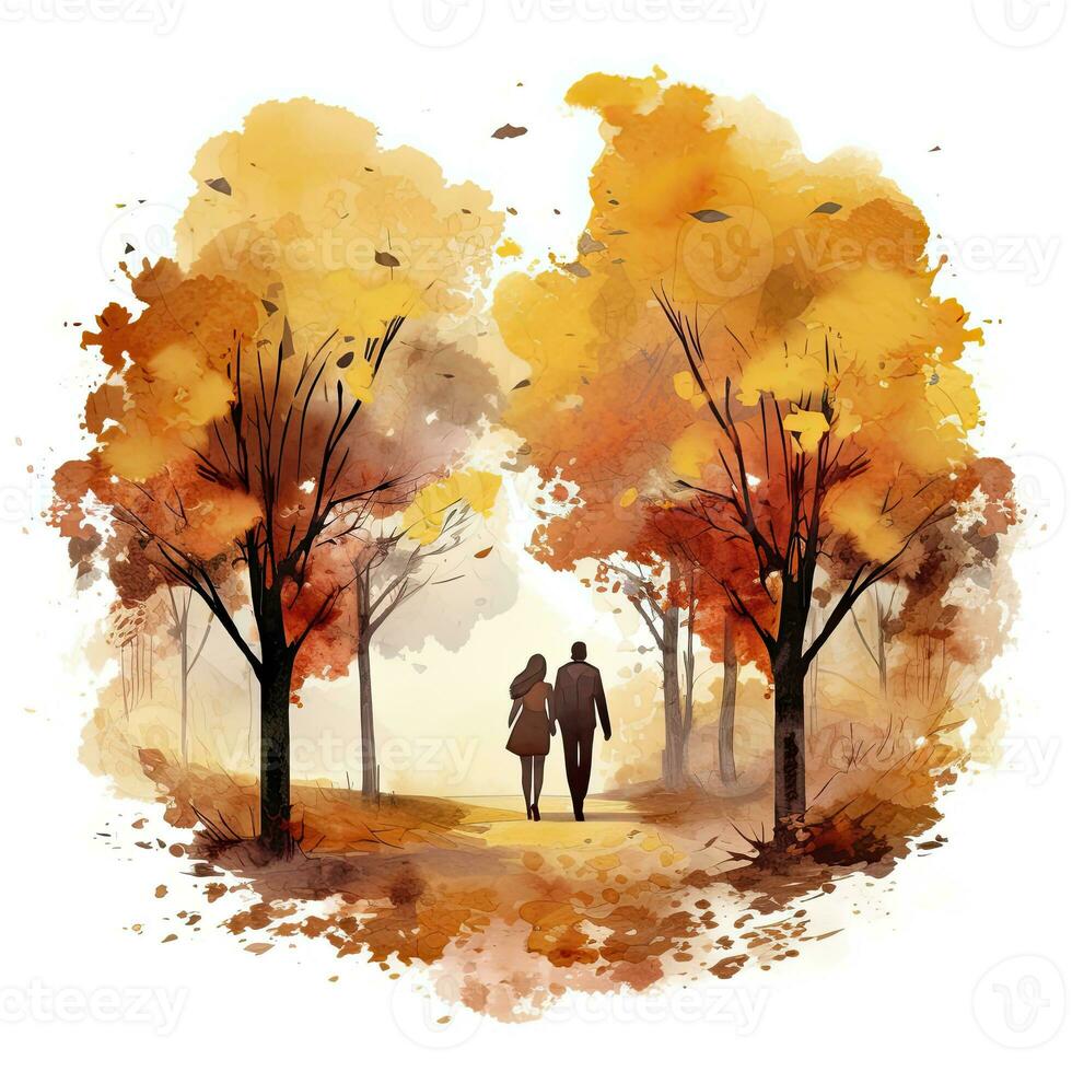 ai généré aquarelle l'automne paysage avec une couple marche. ai généré photo