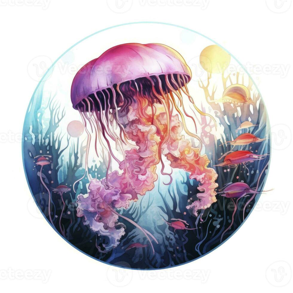 ai généré méduse dans un sous-marin paysage dans une cercle. ai généré photo