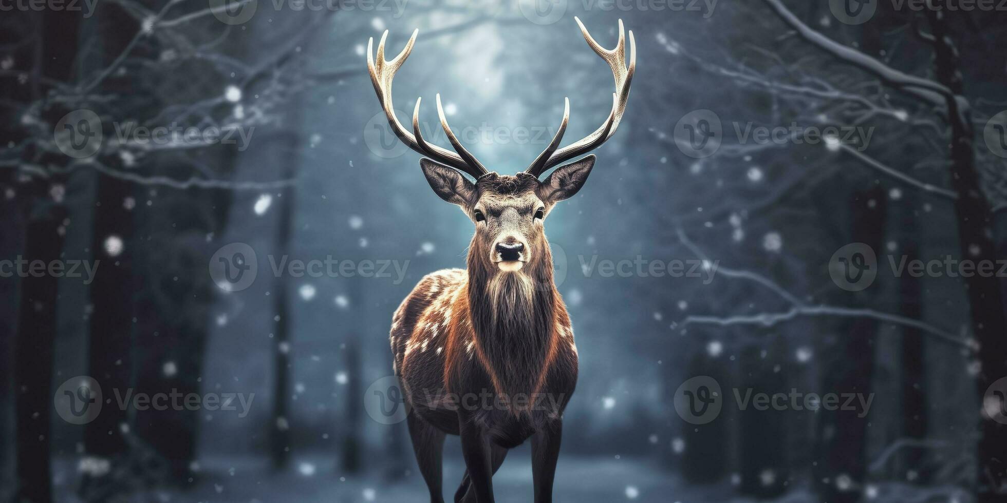 ai généré noble cerf Masculin dans le hiver neige forêt. artistique hiver Noël paysage. ai généré photo