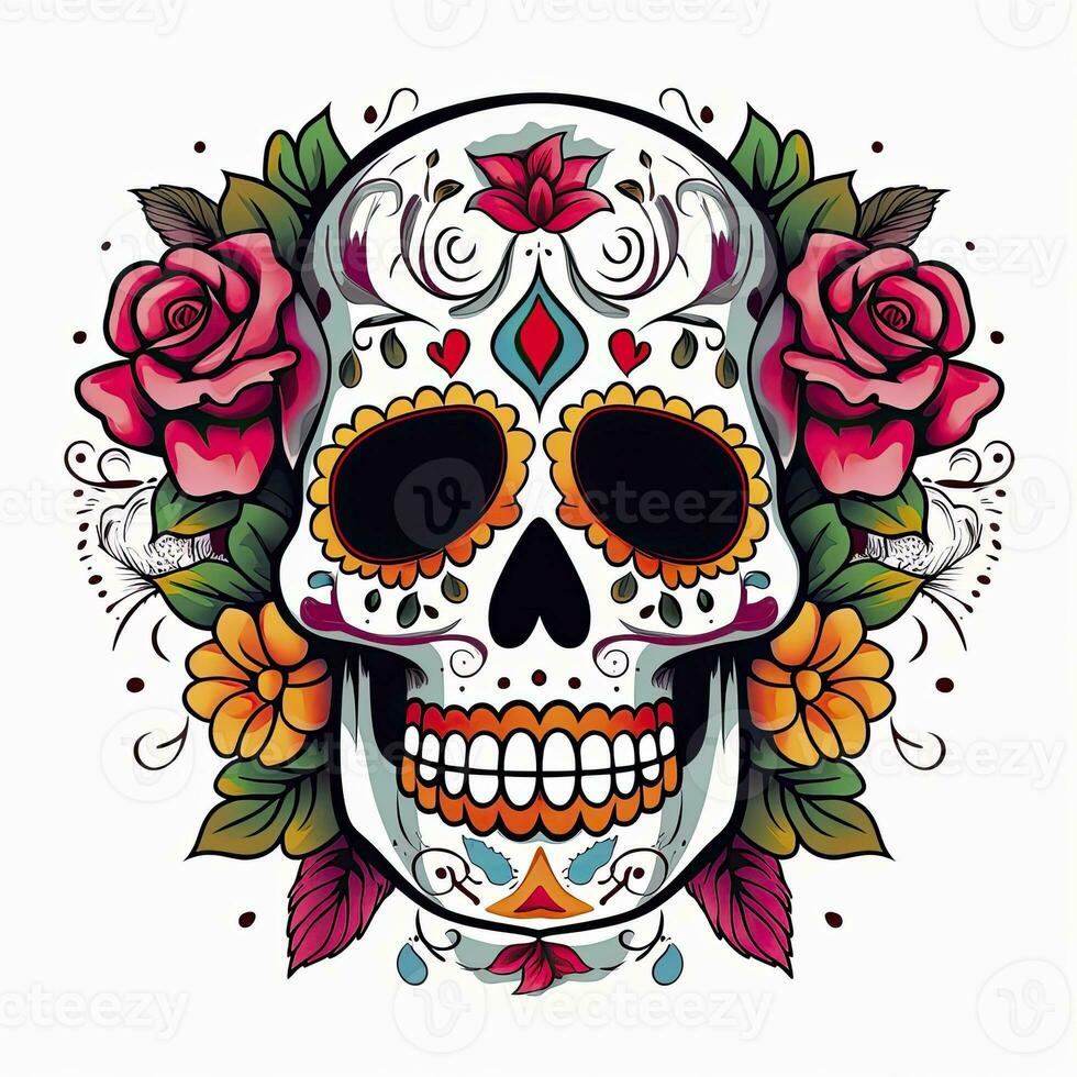 ai généré mexicain des roses crâne. mexicain des roses crâne. dia de los muertos shugar coloré diriger. ai généré photo