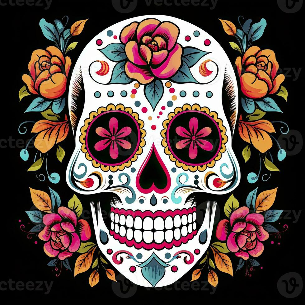 ai généré mexicain des roses crâne. mexicain des roses crâne. dia de los muertos shugar coloré diriger. ai généré photo