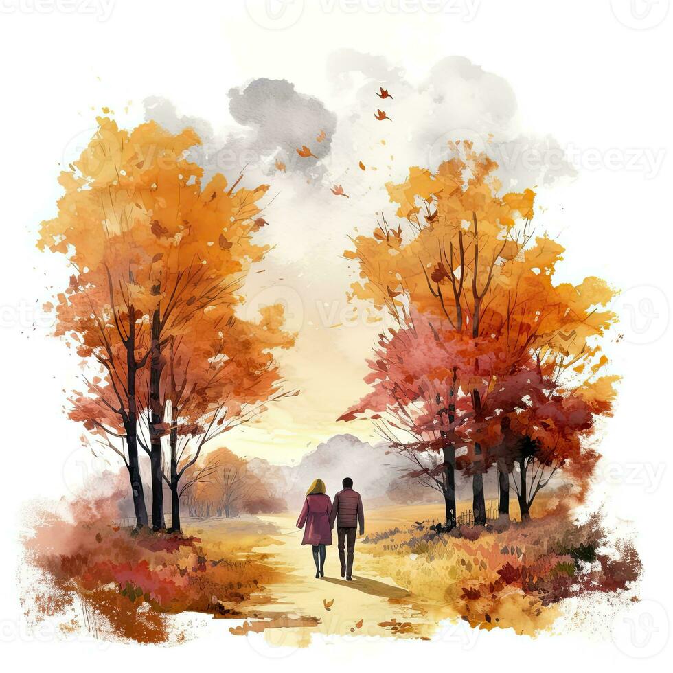 ai généré aquarelle l'automne paysage avec une couple marche. ai généré photo