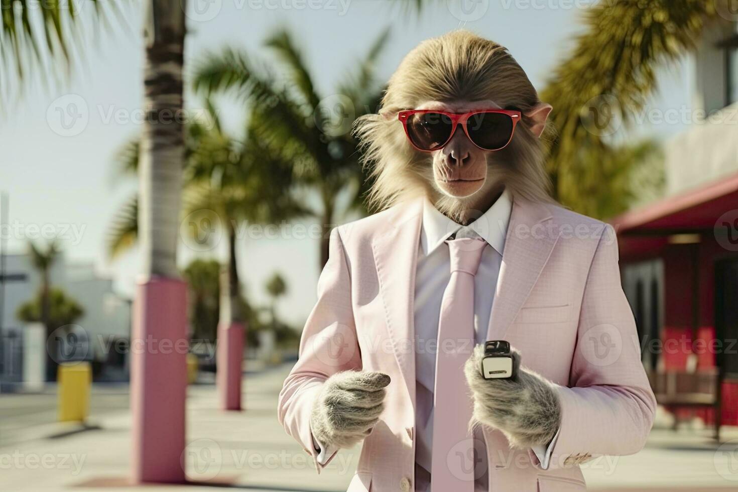 ai généré une singe est portant des lunettes de soleil, costume et permanent sur rue. ai généré photo