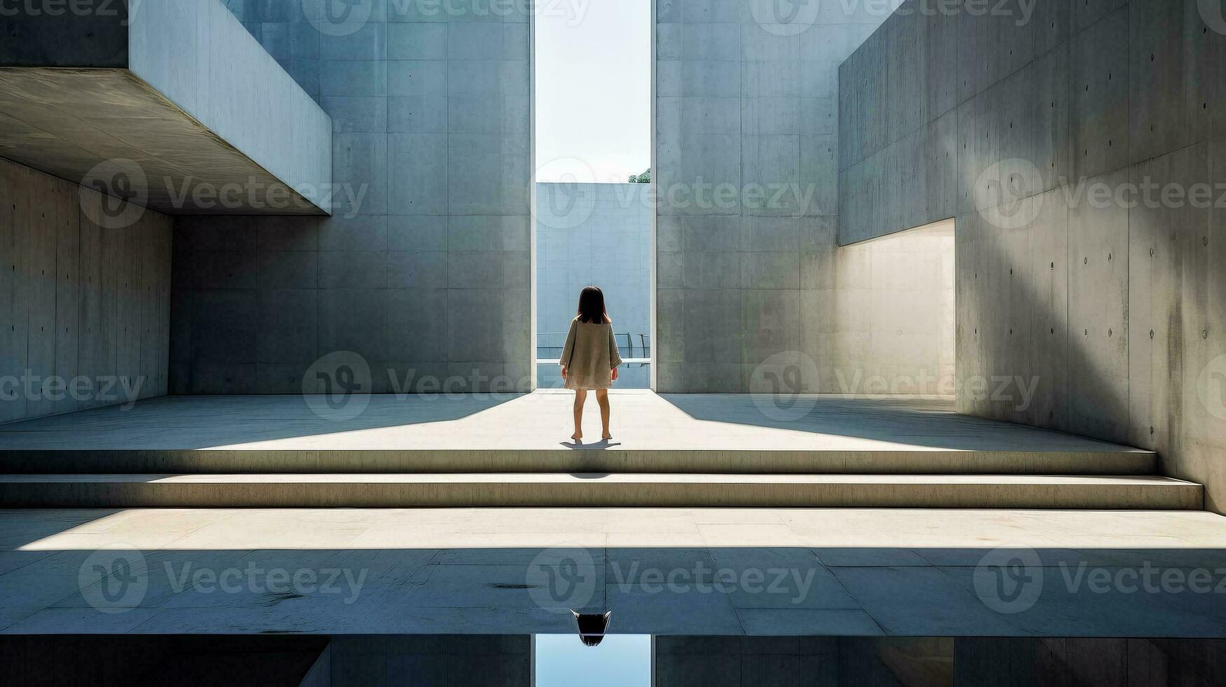 ai généré femme permanent dans une pièce avec béton des murs photo