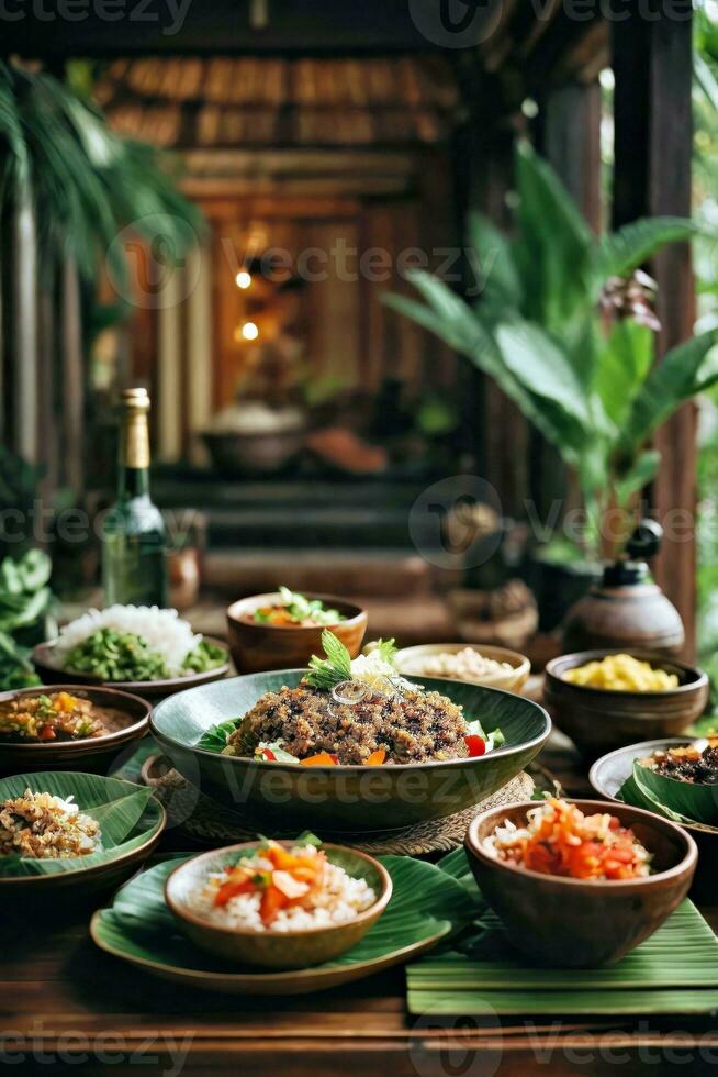 ai généré une le banquet sur une en bois table rempli avec délicieux vaisselle et tentant traite photo