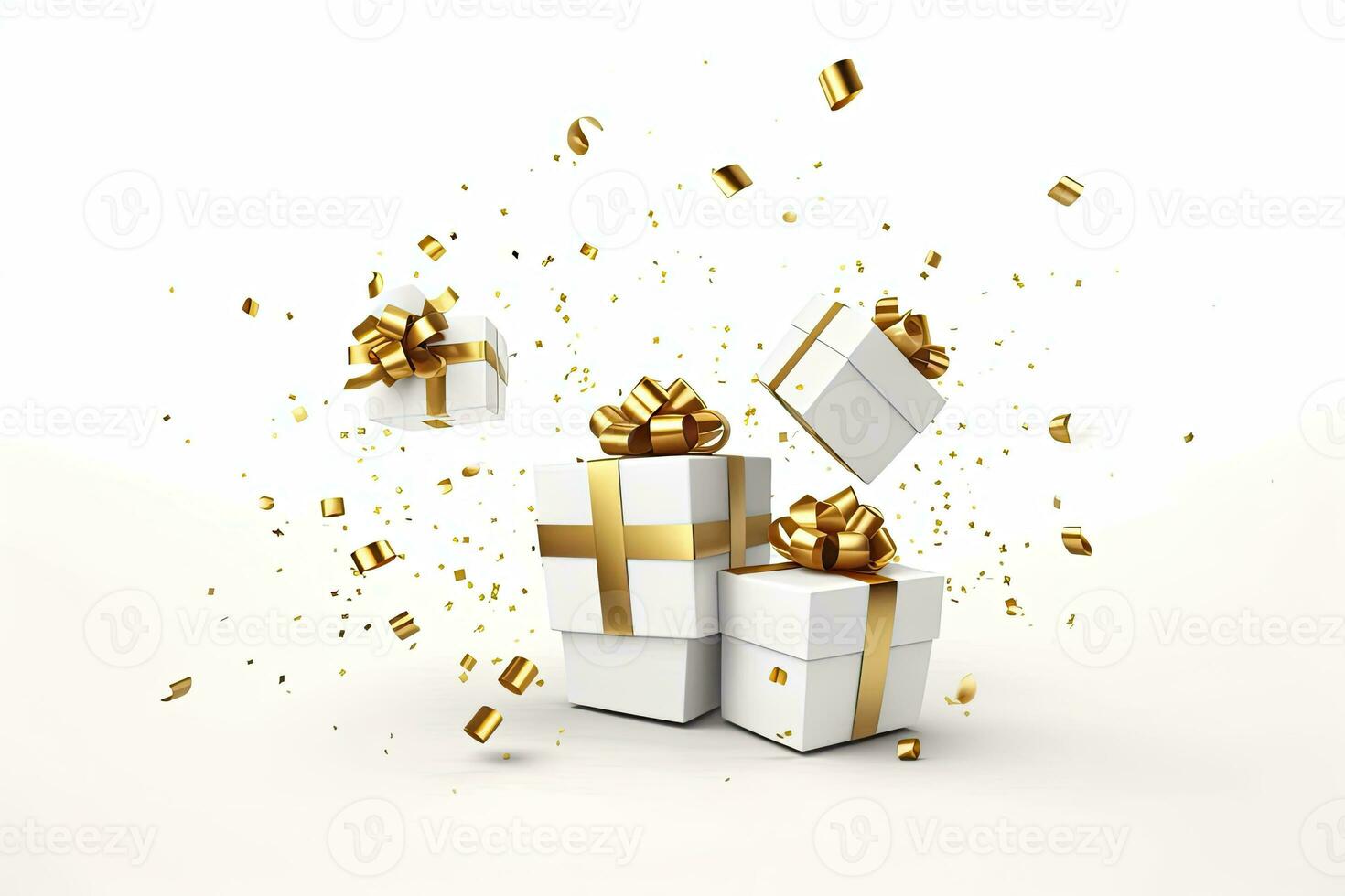 ai généré joyeux Nouveau année et joyeux Noël 2024 blanc cadeau des boites avec d'or arcs et or paillettes confettis sur blanc Contexte. ai généré photo