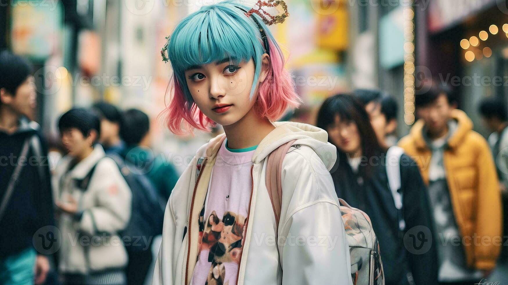 ai généré femme avec vibrant cheveux en marchant vers le bas une coloré rue photo