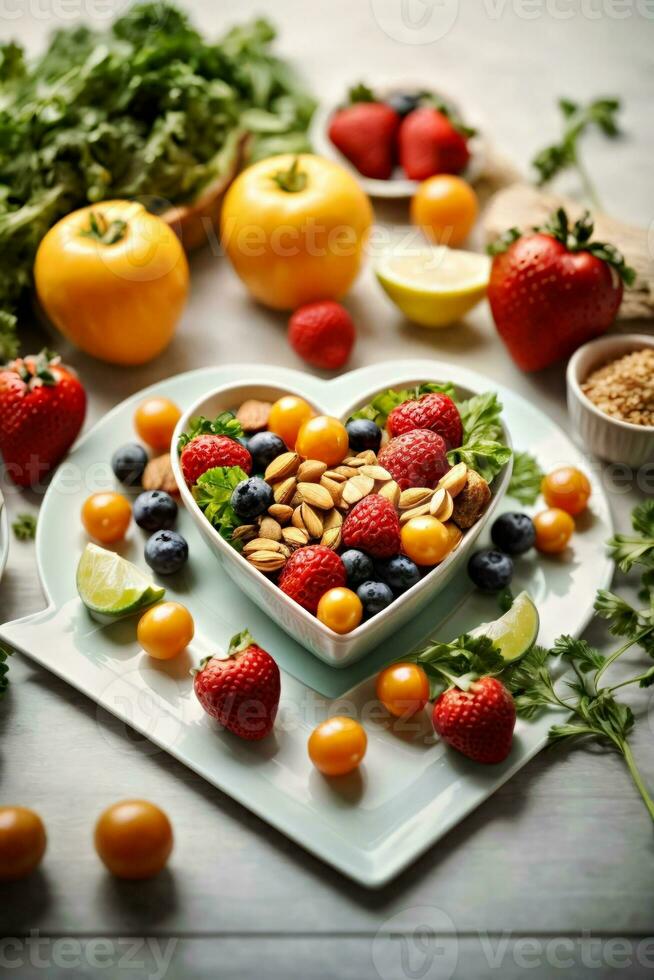 ai généré une coloré et en bonne santé arrangement de des fruits et des légumes dans une en forme de coeur bol photo