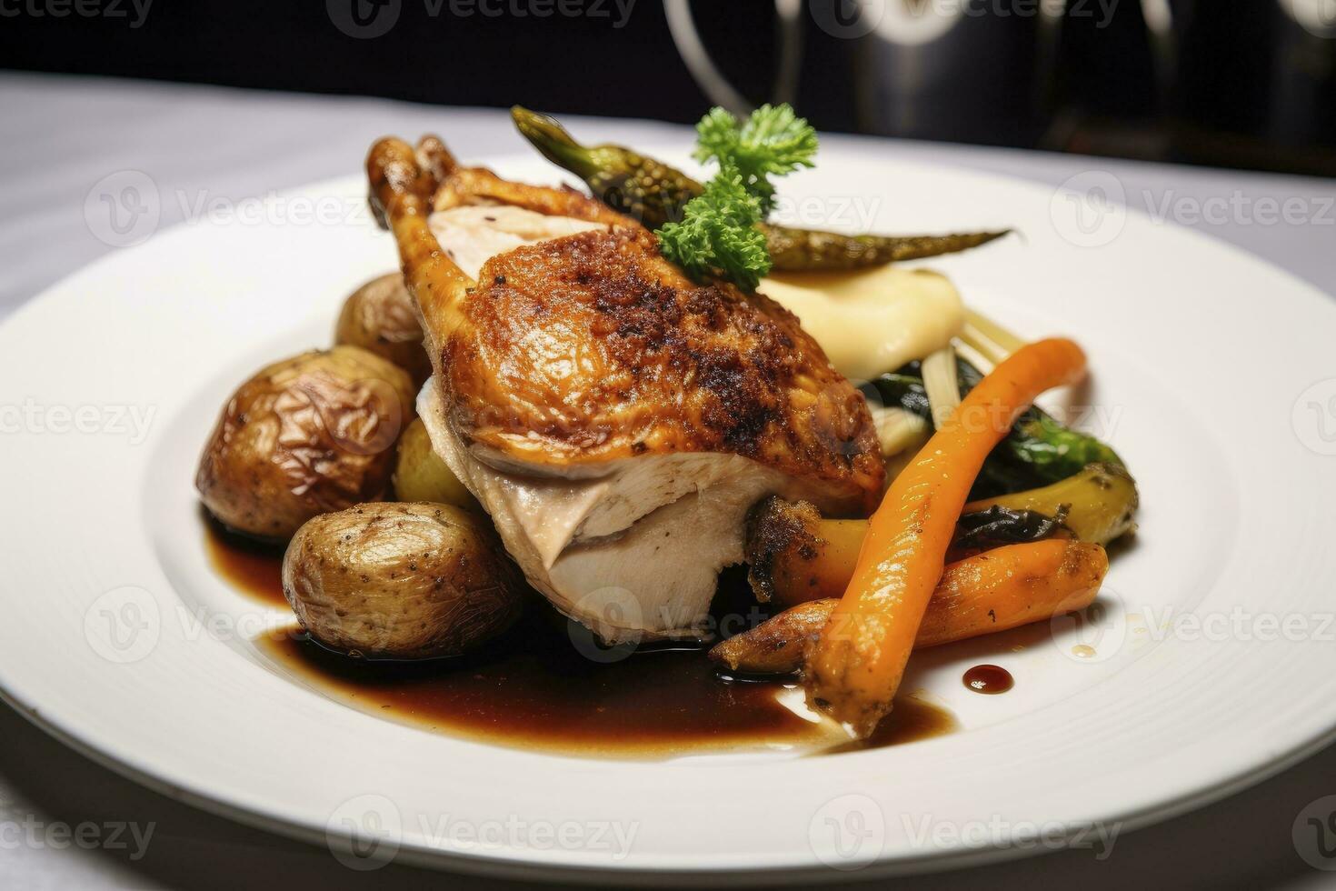 ai généré plaqué poulet rôti dîner sur une blanc assiette avec carotte et morille champignon. ai généré. photo