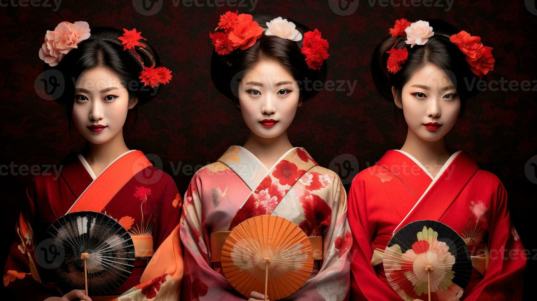 ai généré geisha les filles dans kimono avec floral accents photo