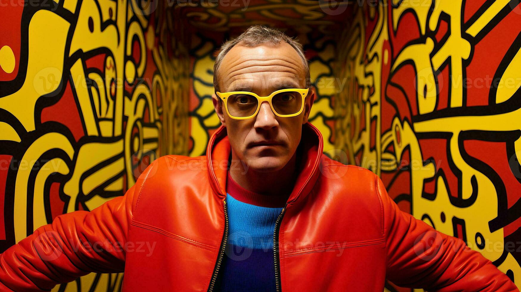 ai généré homme dans rouge veste et Jaune des lunettes de soleil photo