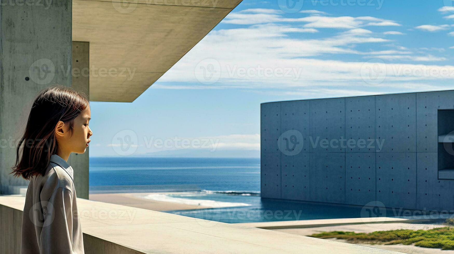 ai généré femme profiter serein océan vue de balcon photo