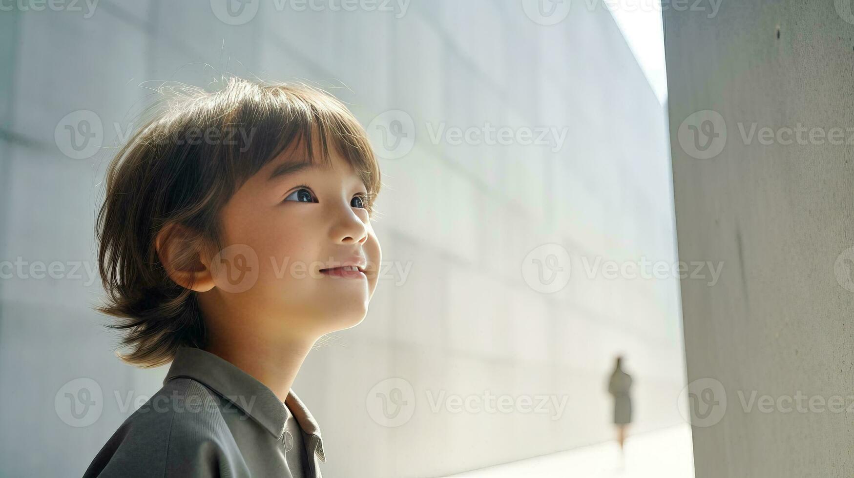 ai généré Jeune garçon permanent dans de face de bâtiment photo