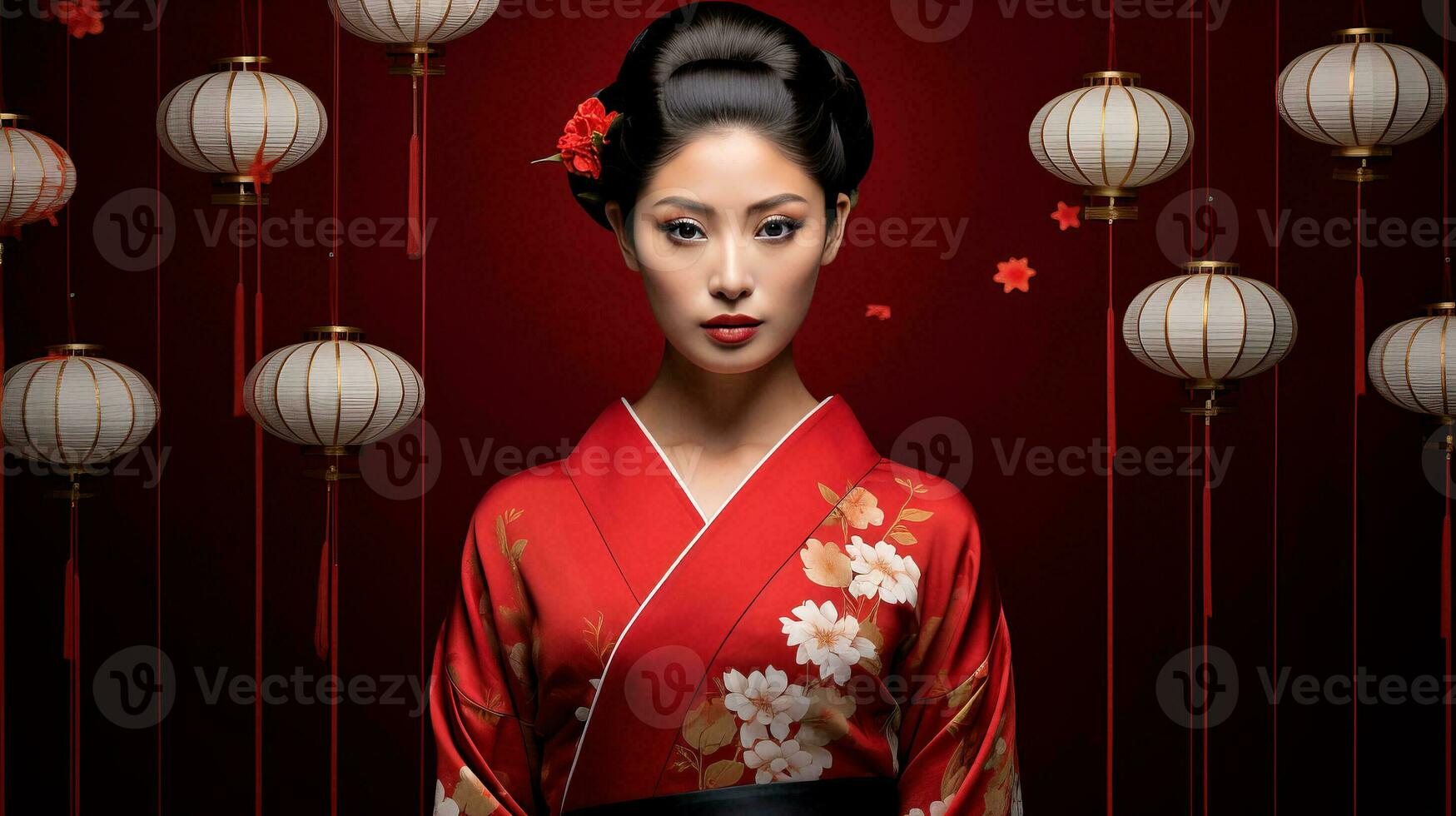 ai généré femme dans rouge kimono photo