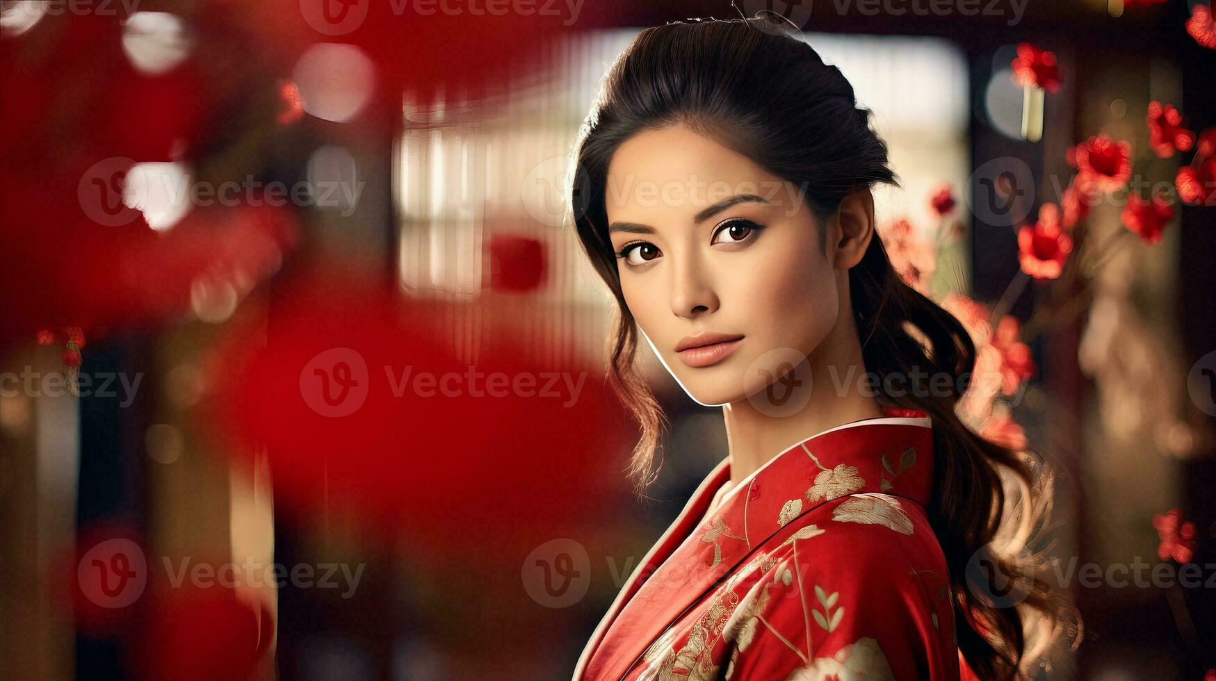 ai généré femme dans rouge kimono pose pour le caméra photo