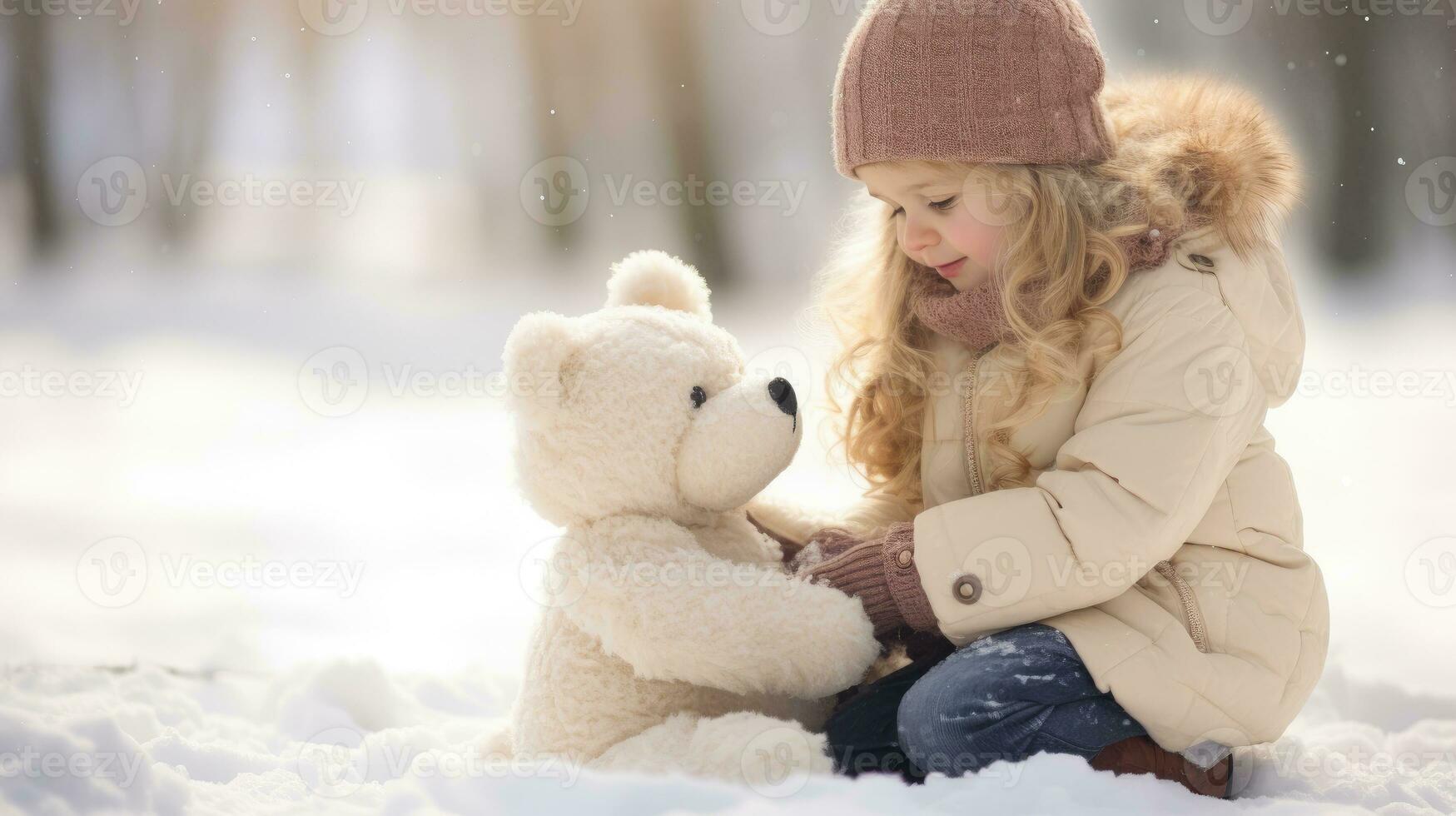 ai généré portrait peu fille et nounours ours sur neige champ. amitié, meilleur ami concept. ai génératif photo