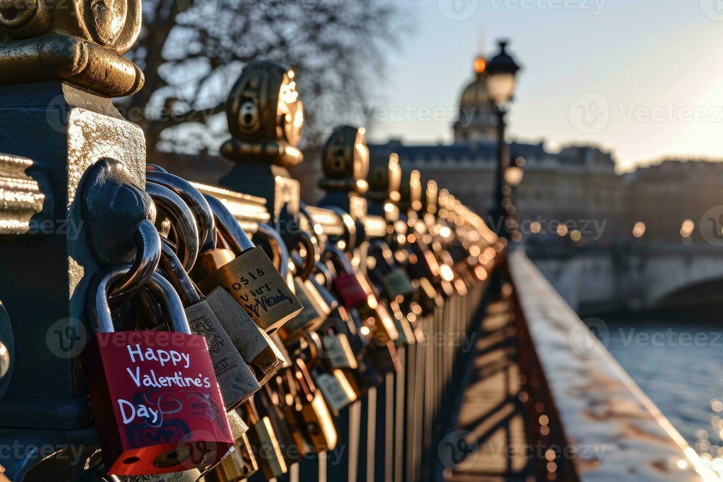 ai généré cadenas dans forme de une cœur sur une clôture parmi beaucoup autre cadenas. valentines jour, l'amour et relation concept. génératif ai photo