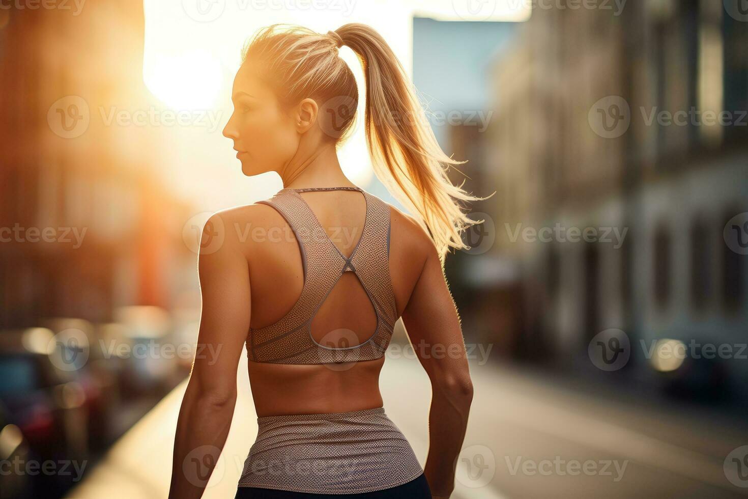 ai généré content femme le jogging dans ville, portrait de en cours d'exécution, en bonne santé mode de vie concept. ai génératif photo