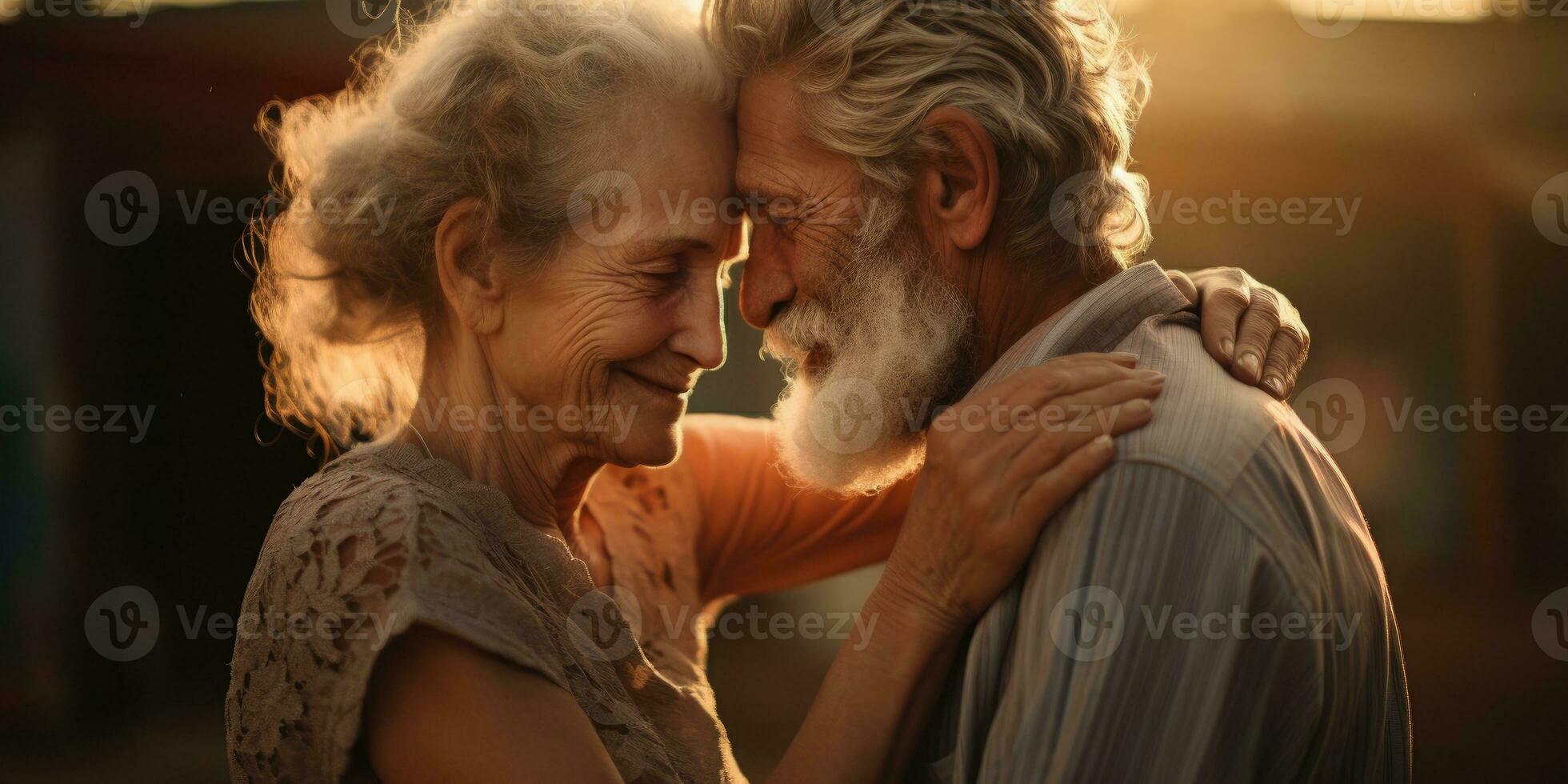 ai généré personnes âgées couple embrasse tendrement, emballage chaque autre dans l'amour chaleur, ai généré photo