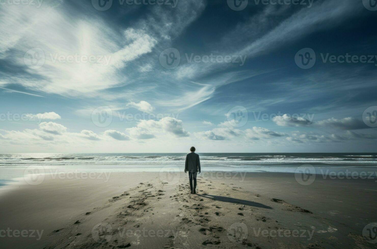 ai généré étourdissant homme mer marcher plage. produire ai photo