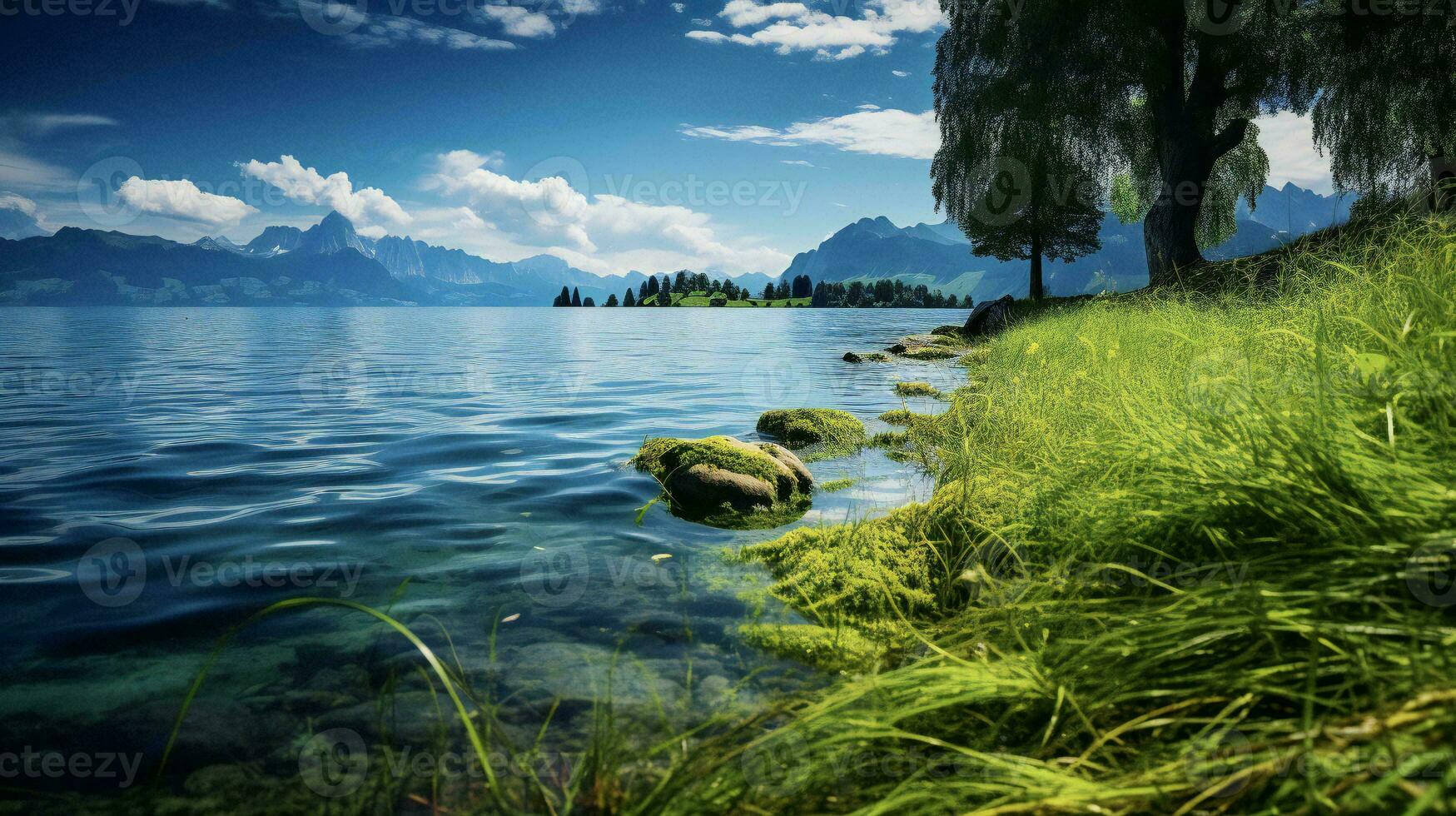 ai généré le Lac est entouré par herbe et des arbres photo