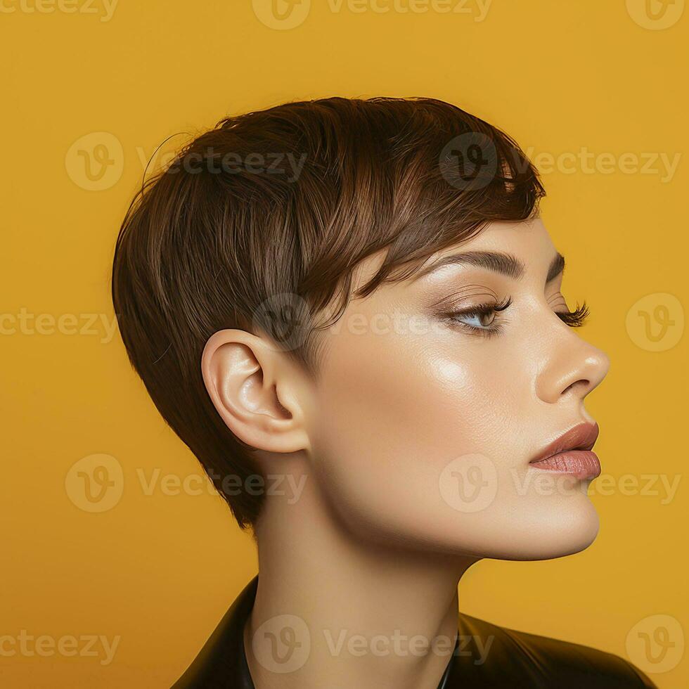 ai généré fermer mode studio photo de un élégant cheveux bruns femme avec une à la mode court la Coupe de cheveux isolé plus de Jaune Contexte