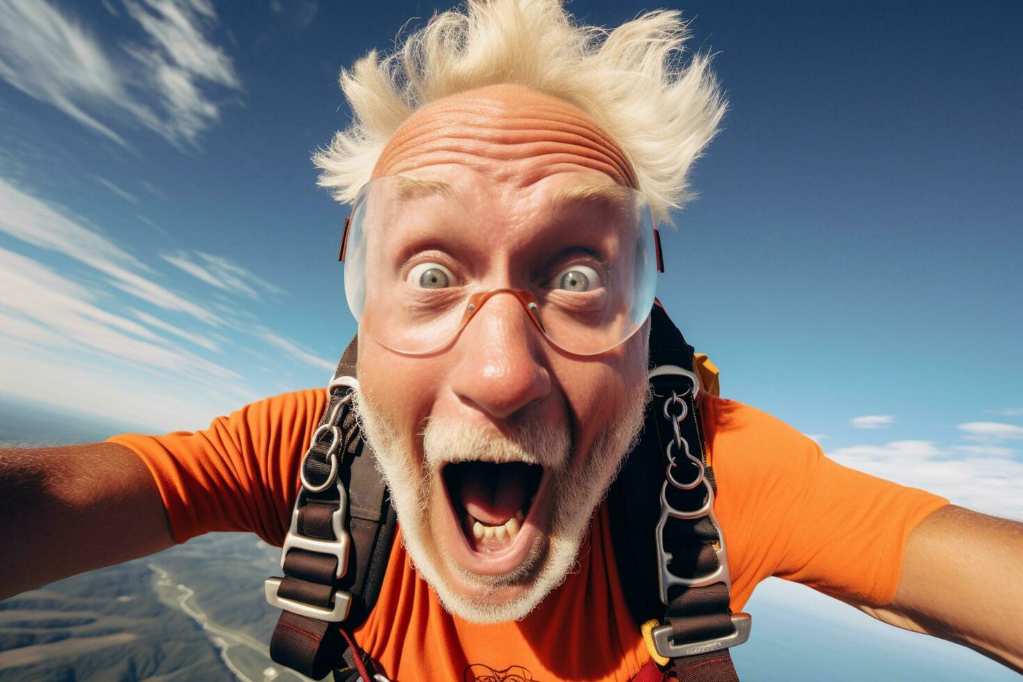 ai généré un vieux homme prise une selfie tandis que parachutisme avec généré ai photo