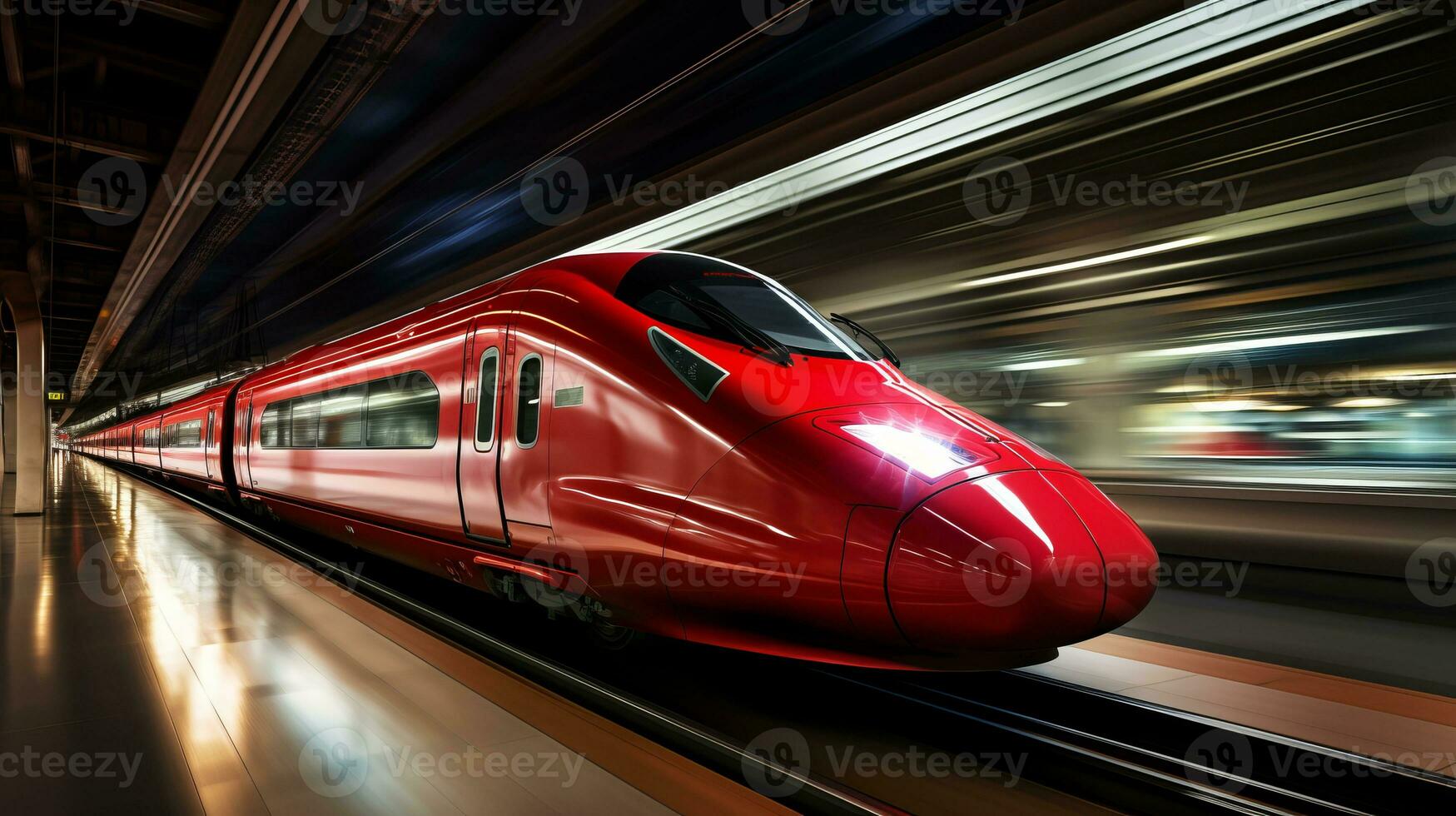 ai généré lisse et futuriste haute la vitesse train se précipiter le long de le des pistes avec mouvement brouiller effet photo