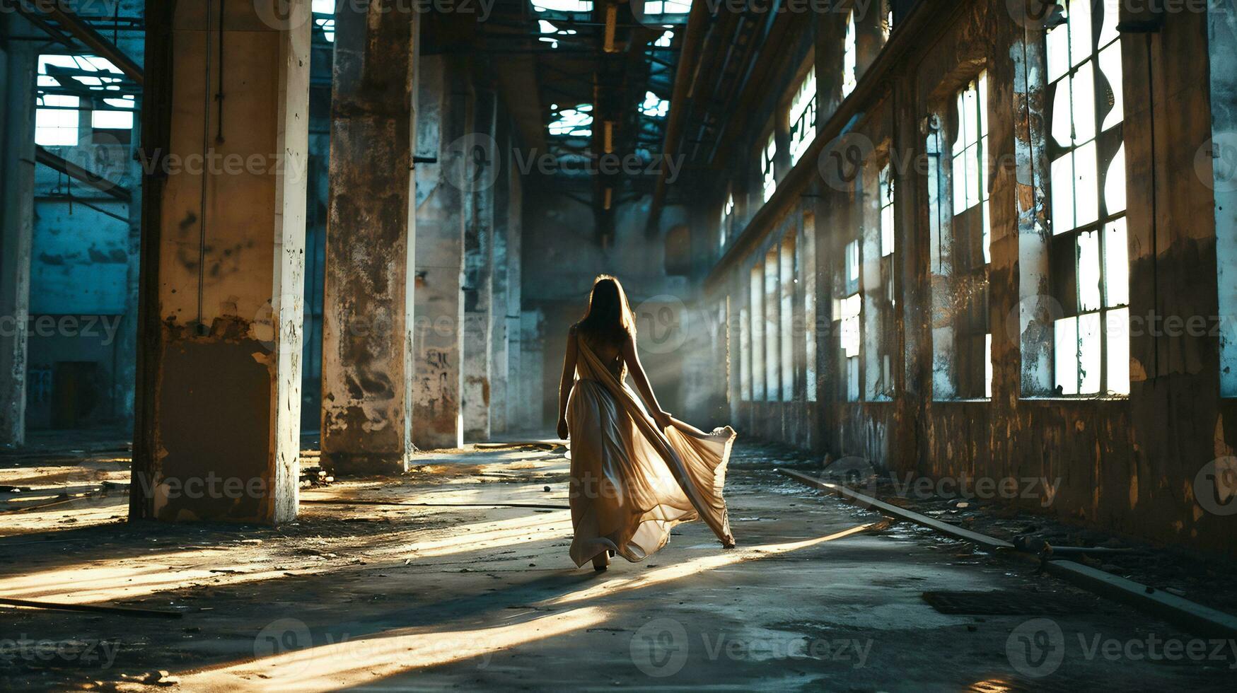 ai généré coup de une femme en marchant par un abandonné industriel espace photo