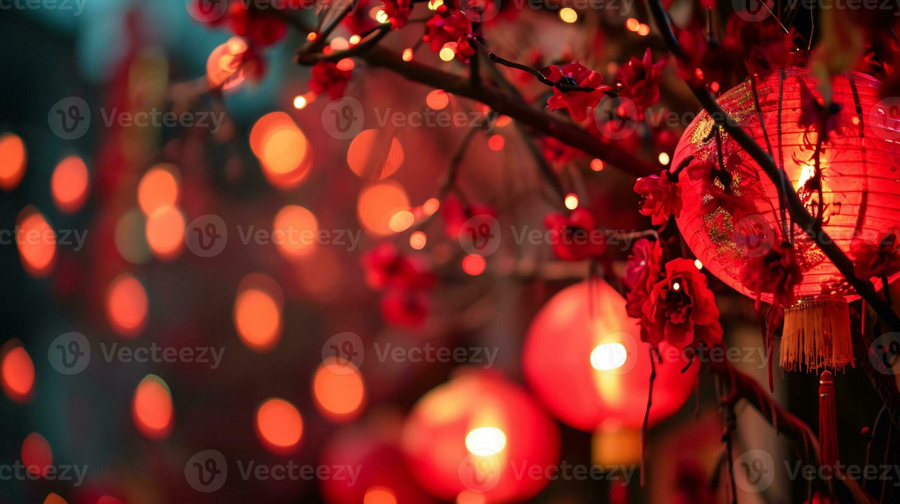 ai généré lunaire Nouveau année Contexte avec pendaison rouge latern photo