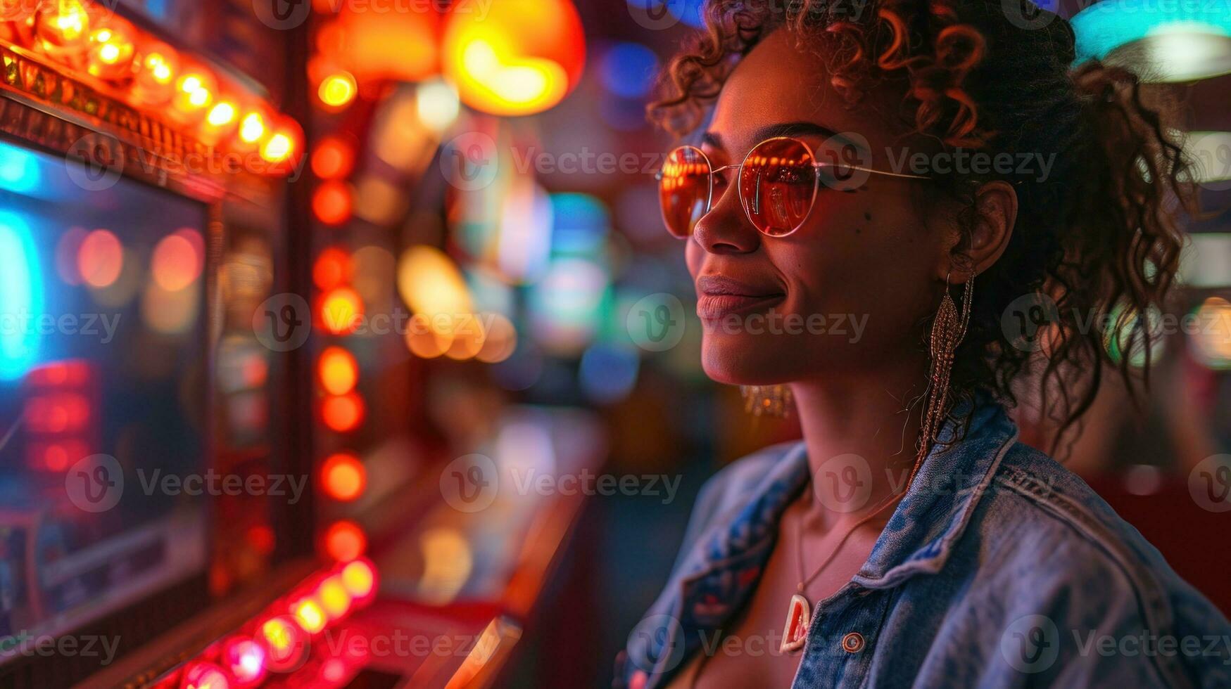 ai généré Jeune africain américain femme en jouant fente machine à nuit club. photo