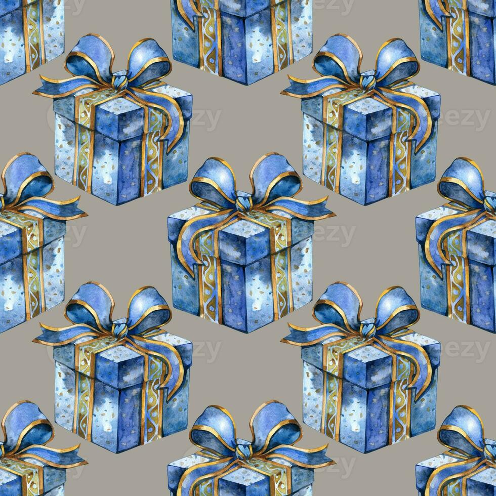 sans couture modèle avec Noël et Nouveau année cadeaux. aquarelle. gris, bleu, or Couleur photo