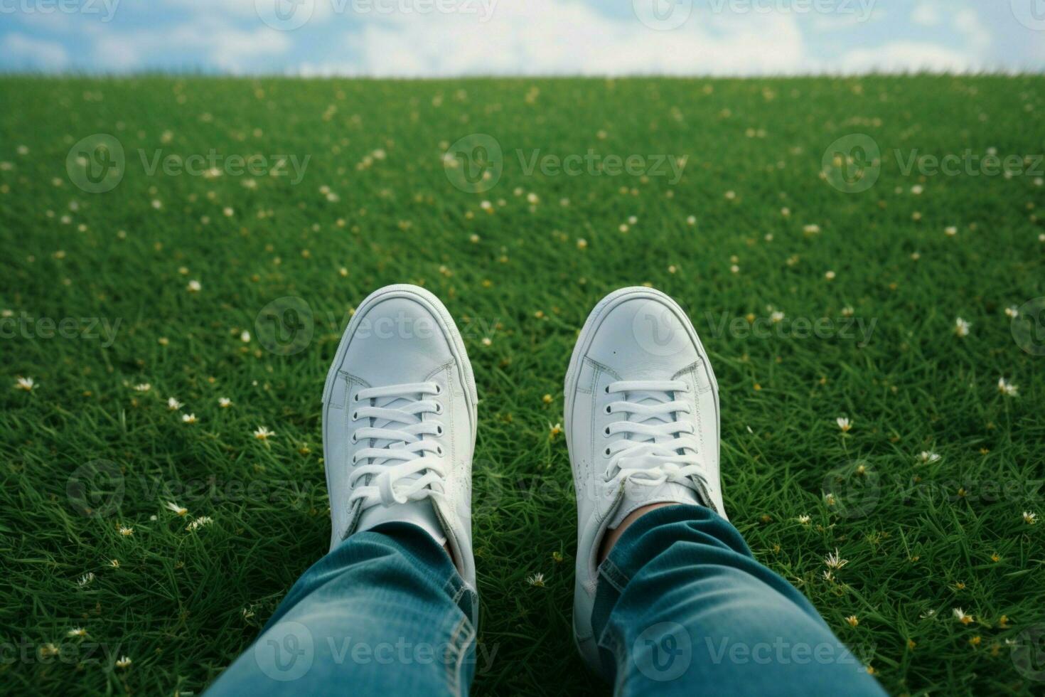 ai généré chaussure flair selfie de pieds dans blanc baskets sur herbe photo