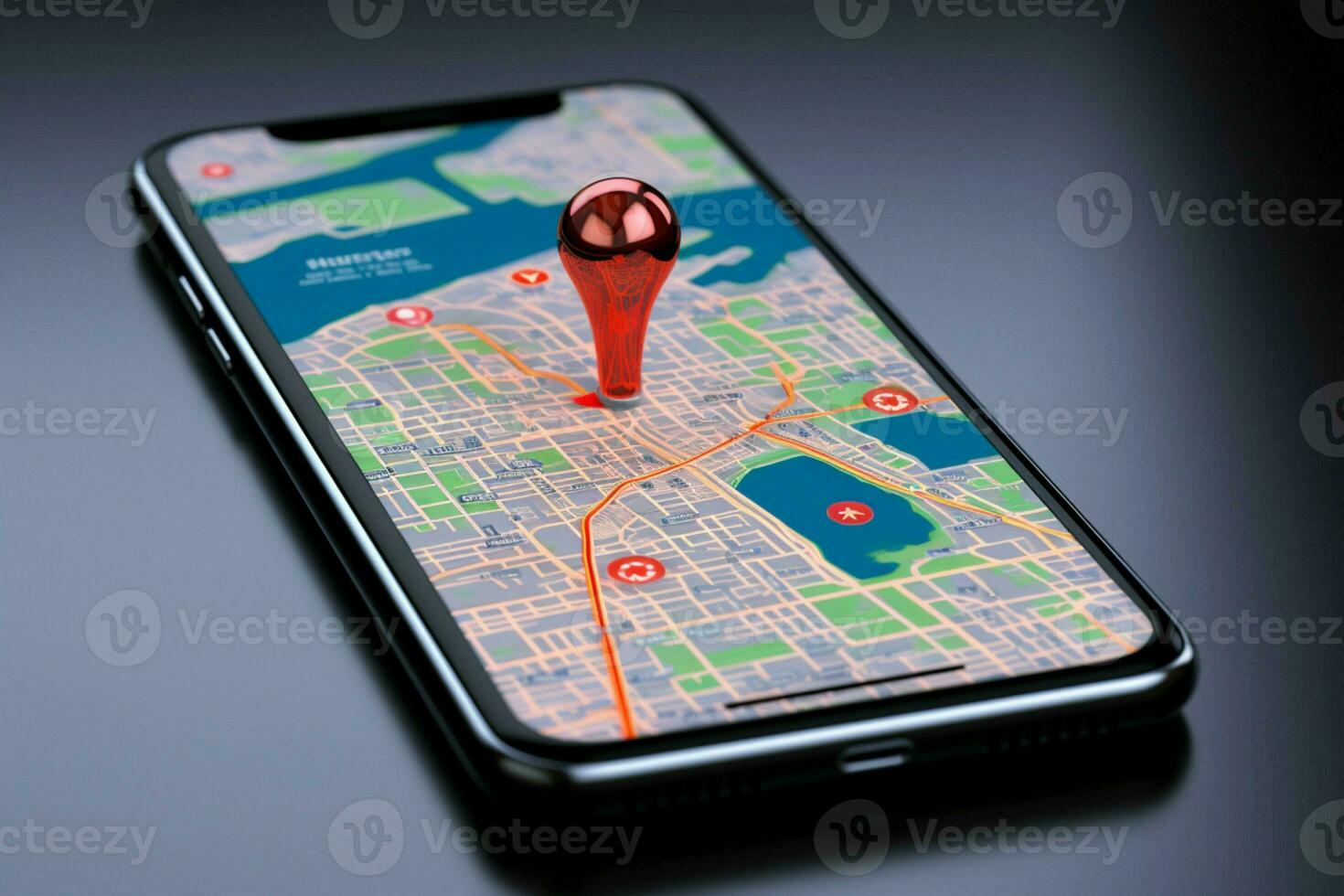 ai généré numérique la navigation téléphone intelligent afficher avec 3d rouge carte aiguille icône photo