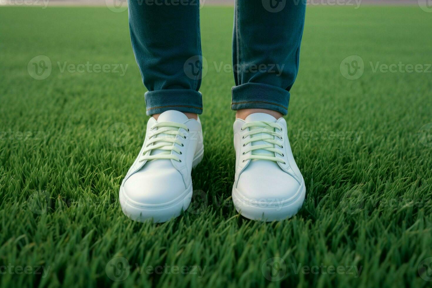 ai généré mode mode de vie pieds dans blanc baskets sur luxuriant vert herbe photo