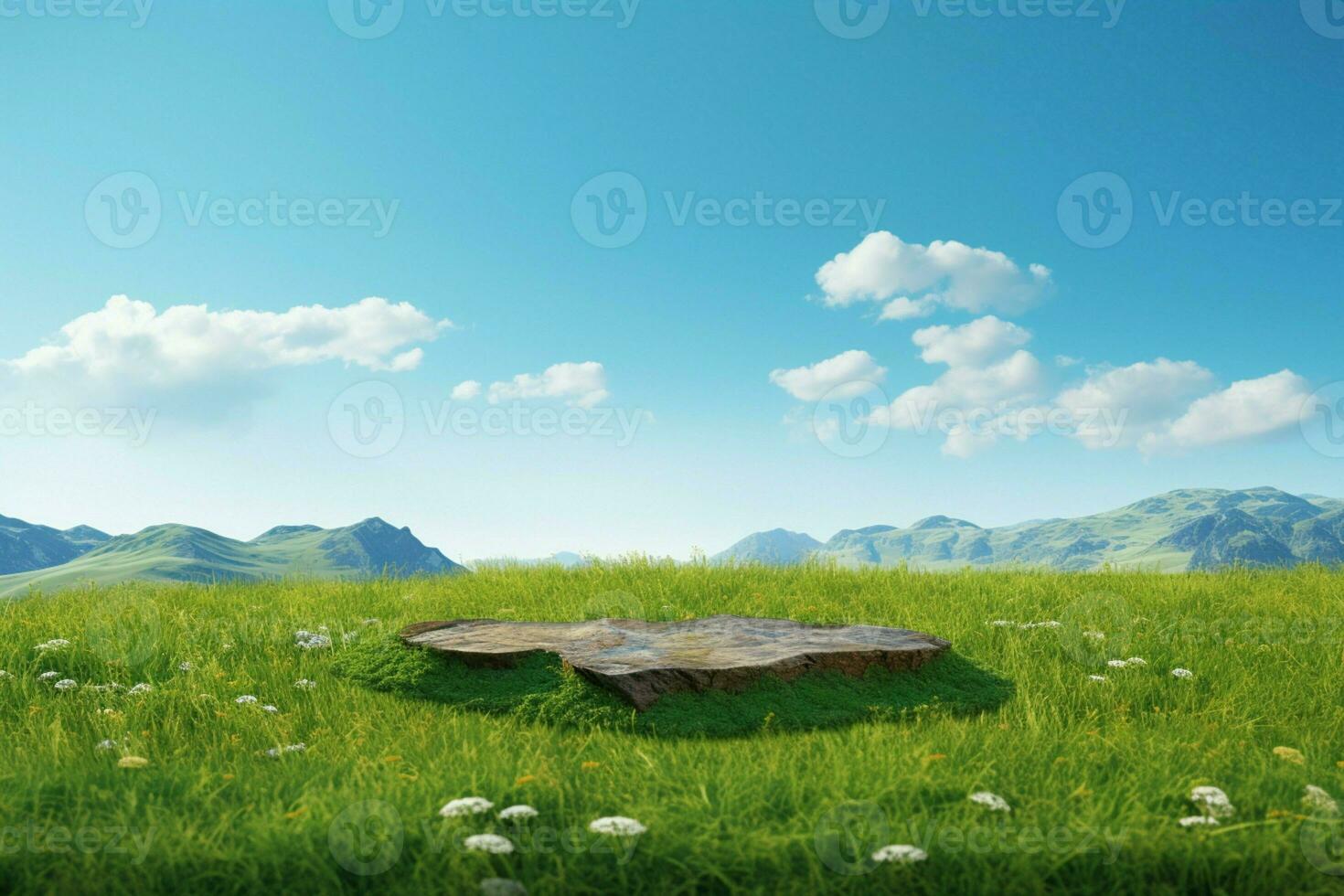 ai généré terre podium dans 3d, le rendu une pittoresque Prairie avec vert herbe photo