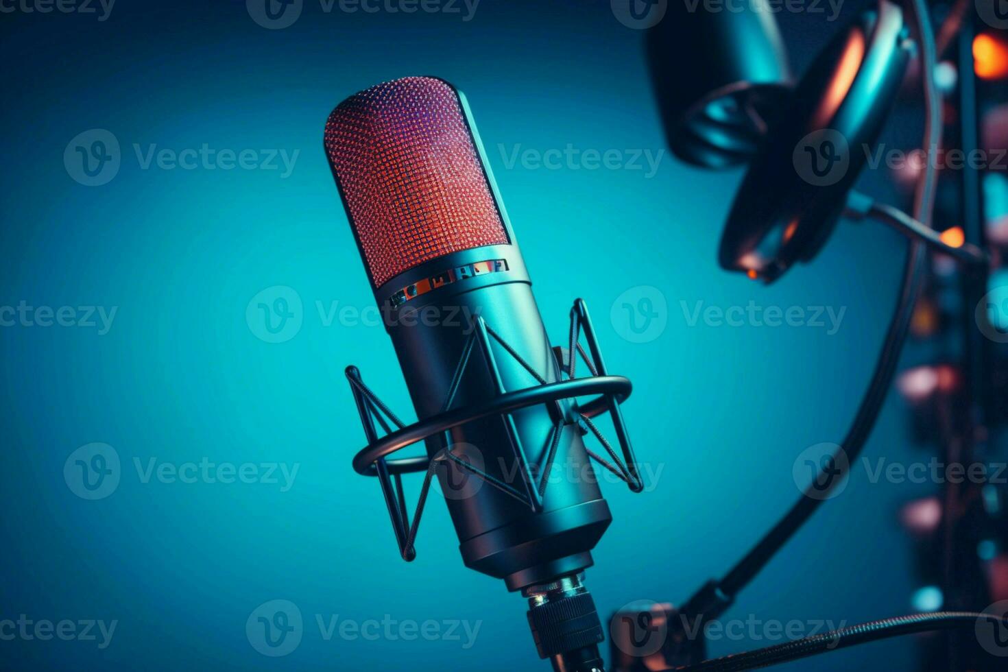 ai généré musical ambiance studio microphone bannière avec rouge et bleu néon photo